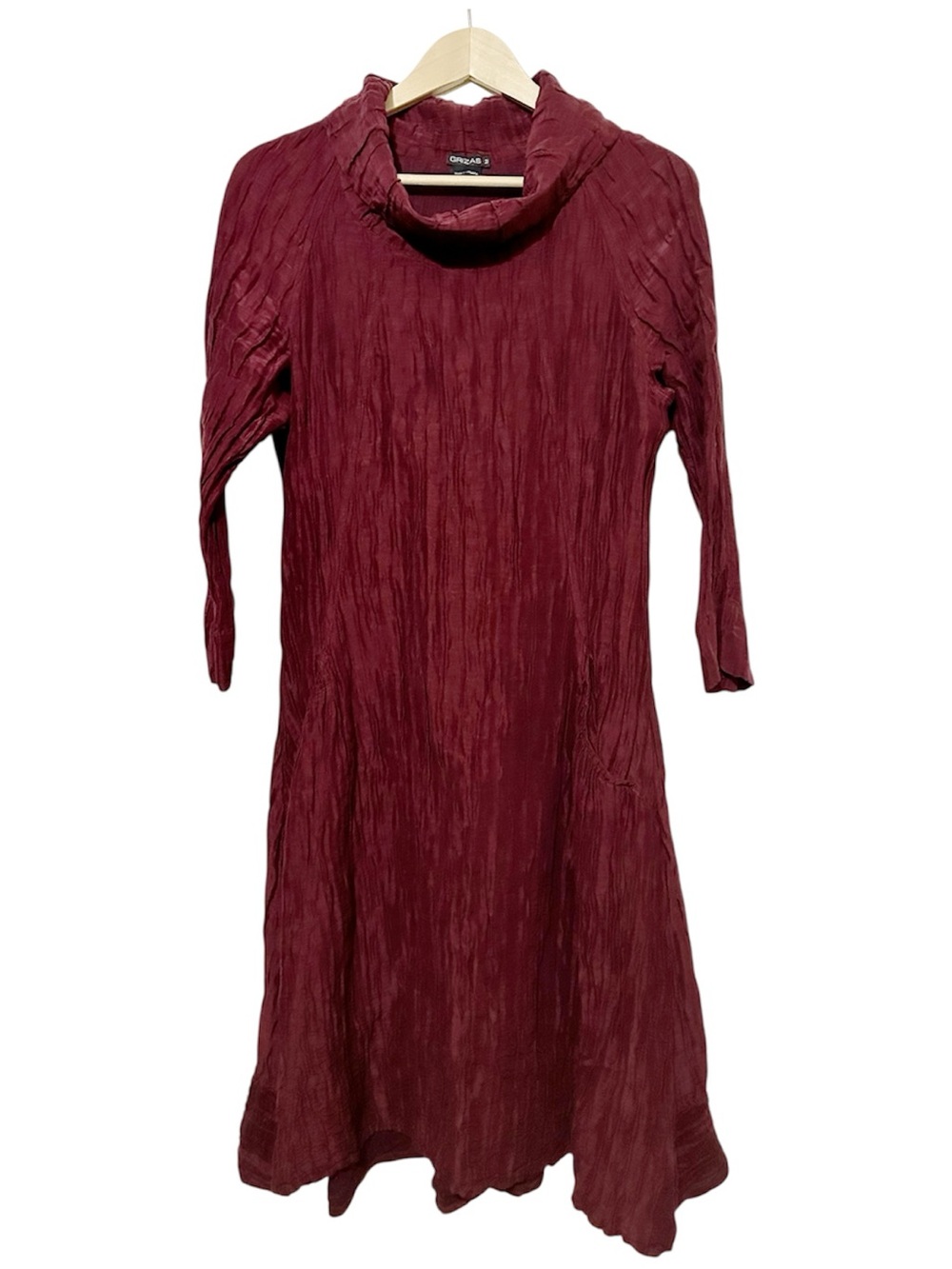 GRIZAS Linen Silk Crinkle Dress Burgundy Cowl Neck Pockets Size Medium Lithuania